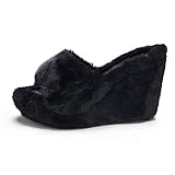YSMIIH Women Fluff Wedge Slippers Fashion Sandals Plush Platform(Black,US 8