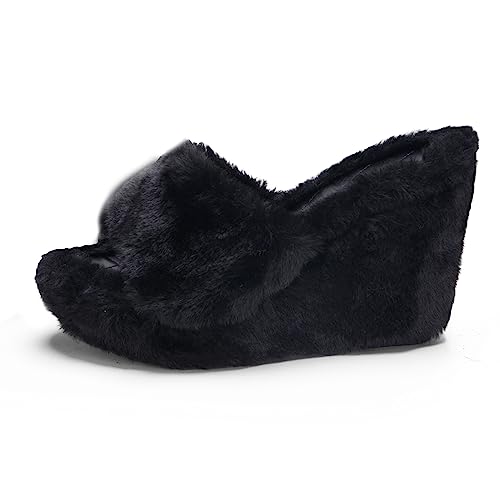 YSMIIH Women Fluff Wedge Slippers Fashion Sandals Plush Platform(Black,US 8