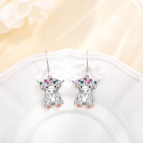 Cow Earrings for Women 925 Sterling Silver Highland Cow Dangle Earring Cow Jewelry Gifts for Women Lover3