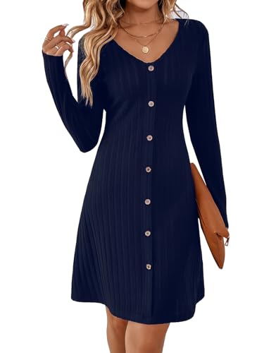 MYCOLORBLUE Kleider für Damen A Linie V-Ausschnitt Langarm Deko Knopf Gestreift Vintage Täglich Midikleid Strickkleider Marineblau XXL