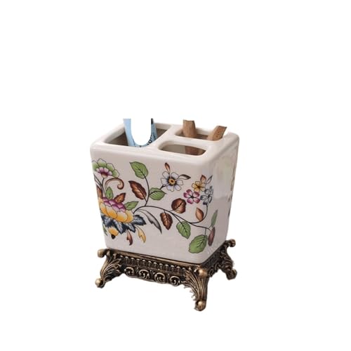 Portaspazzolino in ceramica con fiore vintage, for bagno, coppia, spazzolino e dentifricio(B-11X8X14CM)