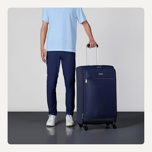 Amazon Basics Luggage, 28" Large Checked Softside Suitcase With Wheels With Four 360-Degree Multi-directional Spinner Wheels Expandable Space Zippered Pocket and Straps, Telescopic Handle, Navy Blue - Image 3