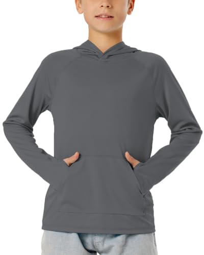 Image of Boys Rash Guard Long Sleeve Hoodie Swim Shirt with Pocket Youth Kids UPF 50+ Sun Protection Fishing Shirts Thumb Hole