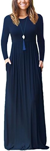 DEARCASEWomen's Maxi Dress Long Sleeve Crewneck Loose Plain Casual Empire Waist Fall Party Long Dresses with Pockets