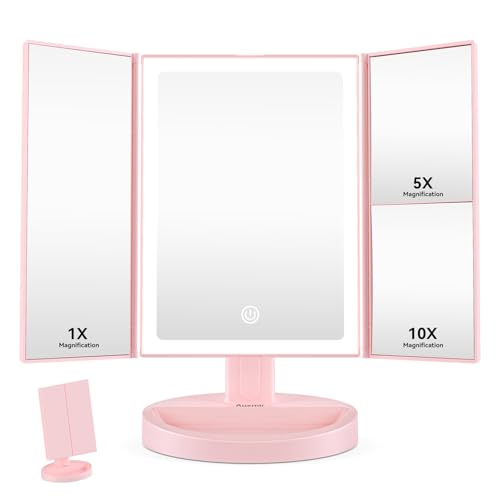 Auxmir Förstorad Sminkspegel, 1X/5X/10X med 68 LED, Trefaldig Spegel med Pekskärm, Triptykspegel, USB-uppladdningsbar, 180° Justerbar Kosmetisk Spegel, Rosa
