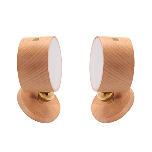 Led Wall Mounted Reading Lights, Wireless Wall Sconce with USB Charging Port Rechargeable Battery 360°Rotate Magnetic Ball Dimmable Touch Control, Lamps for Study Bedside(Beech 2 PC)