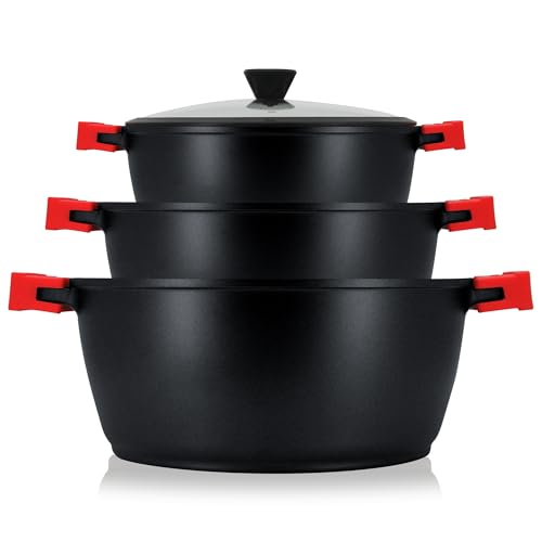 briebe Black Titanium Kochgeschirr-Set, Induktion, 6-teilig, Antihaftbeschichtung, Titan, 3-teiliges Kochtopf-Set aus Aluminiumguss, ohne PFOA, Set mit Glasdeckeln, abnehmbaren Silikongriffen,