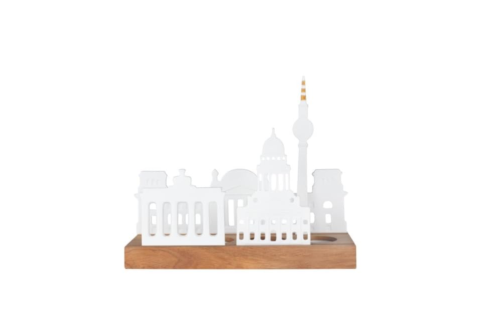 Räder Design Teelichthalter – Stadtsilhouette Berlin, weißes mattes Porzellan auf Akazienholzsockel