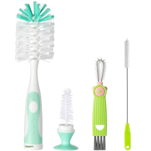 Image of Baby Bottle Brush Set 4 in 1, Baby Bottle Cleaner, with 1P Nylon Bottle Brush, 1P Bottle Cap Brushes, 2P Straw Brushes, Bottle Brush with Nipple Cleaner and Suction Cup, BPA-Free(Green)