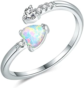 Larsidor 14K White Gold Plated Adjustable Heart Opal Ring for Women Teen Girls Ladies Stacking Rings Fire Opal Jewelry