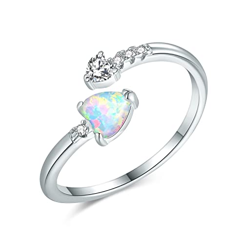 Larsidor 14K White Gold Plated Adjustable Heart Opal Ring For Women Teen Girls Ladies Stacking Rings Fire Opal Jewelry #TOP3