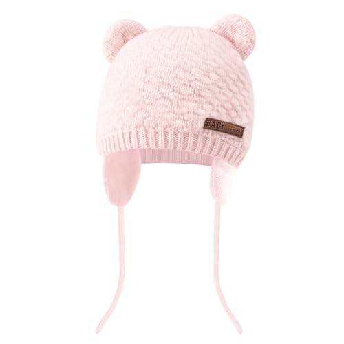 Wqafe Baby Earflap Beanie Winter Hat, Winter Beanie Hat for Baby Kids Toddler Infant Newborn, Soft Baby Boy Knit Beanies Cute Bear Infant Toddler Girl Hats Warm Fall for Boys Girls(Pink)