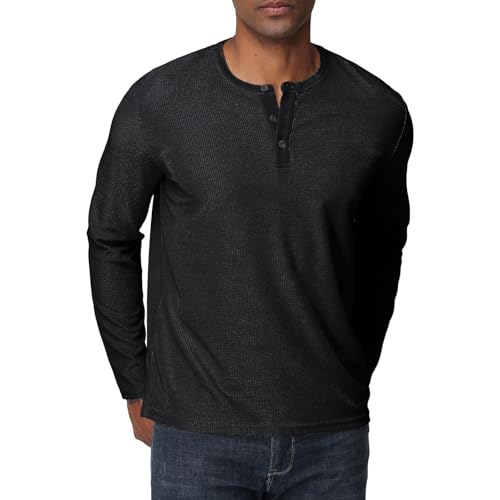 Herren Langarmshirts Henley Shirt Waffel Männer Freizeithemd 3-Knopf Classic Henley T-Shirt mit Rundhals