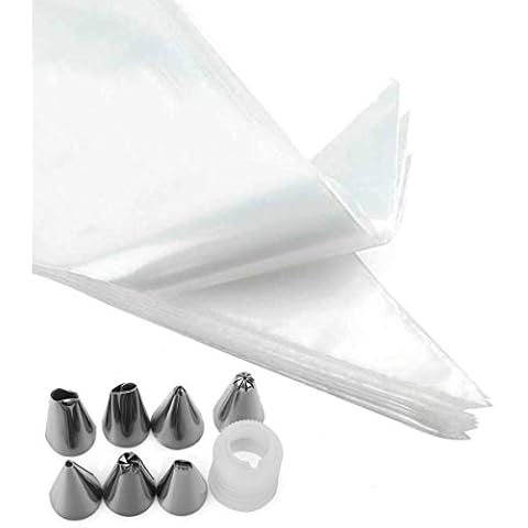 YFOX 100 Disposable Pastry Bags - Thick Disposable Bags for Pastry Decoration and 8 nozzles, Thickness 0.08mm Cover