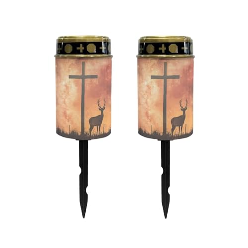 Image of Poceacles 2 Pieces Cross Outdoor Lights Solar Powered Flameless Candle Cemetery Votive Candles Waterproof Outdoor Memorial Candle Solar Stake Lights Home Outdoor Decoration, Deer Cross Galaxy Orange