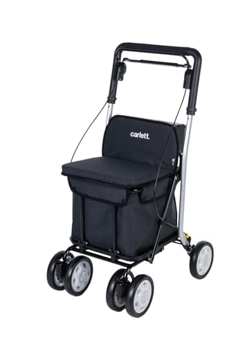 Carlett Andador y Carrito con Asiento Incorporado, Producto Médico Homologado EU, Manillar Regulable, Doble Freno y Ruedas Ajustables 3 Posiciones, Ligero y Compacto, Comfort Move, Negro
