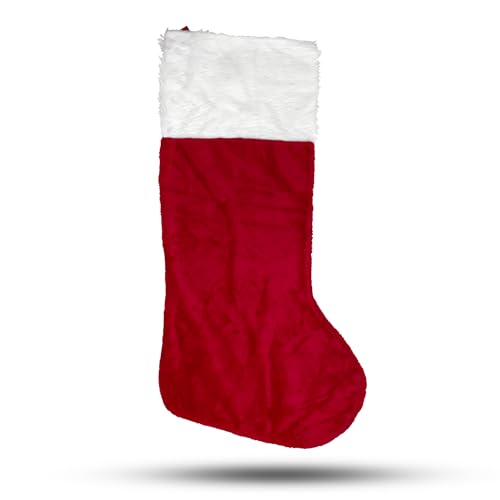Iconikal Jumbo Christmas Stocking Red Plush 43-Inch Tall White Cuff Large Gift Holder with Hanging Loop Mantel Holiday Décor