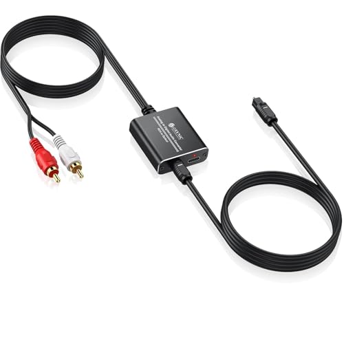 eSynic RCA to Optical Audio Converter-7ft Cable Long-Only from RCA to SPDIF Toslink-Not Bi-Directional-Easy to Setup-Aluminum Alloy Analog to Digital Audio Adapter for CD Player to Optical Soundbar