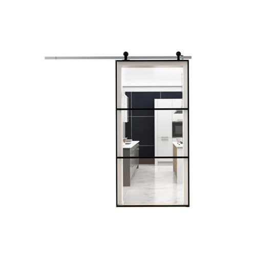 Porta Scorrevole in Alluminio Nero con 3 Sezioni in Vetro Trasparente, 96x220 cm - Porta Moderno per Interni con Vetro Temperato, Kit da Assemblare, Elegante e Funzionale