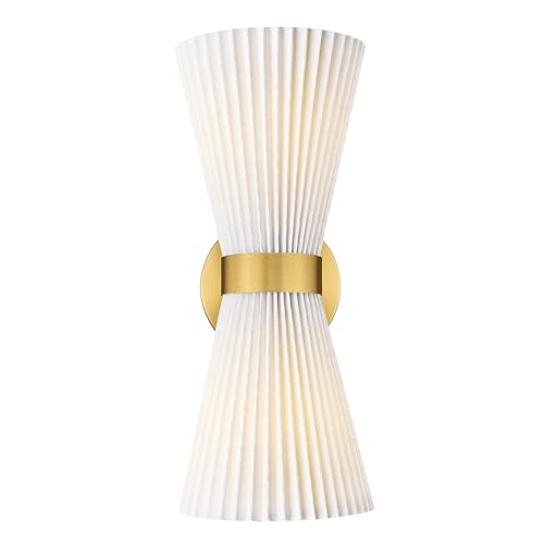 Image of Gold Sconce Wall Lighting, HWH Single Wall Vanity Light Fixture for Living Room, Bathroom Wall Sconces with Milk White Striped Fabric Shade, Brushed Gold Finish, 5HZG97B-2W BG-FB