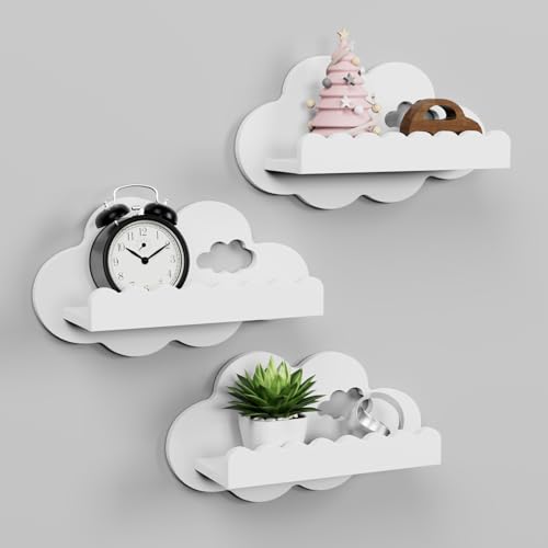 Image of NACHES Floating Nursery Bookshelf Set of 3 Scalloped White Cloud Wood Wall Mounted Pictuer Ledge Shelf Kids Room Toy Hanging Rack Baby Toddler Child Boy Girl's Bedroom Living Room Palyroom Decor