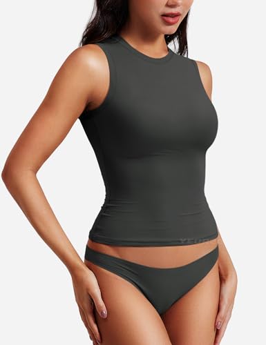 Image of YEOREO Women Basic Mock Neck Workout Crop Top Sleeveless Double Lined Tank Tee Slim Fitted Ruched Going Out Camisole