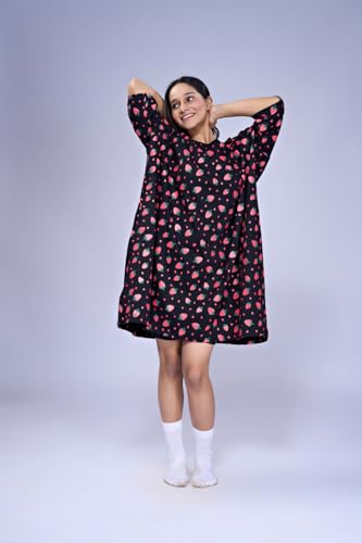 Image of LAMA STORE Women's Printed Oversized T-Shirt Dress, Cotton, 3 /4 Sleeve Length, Casual Loose Fit, Comfort Wear Extra Comfy Oversized Printed Pocket T-Shirt Dress