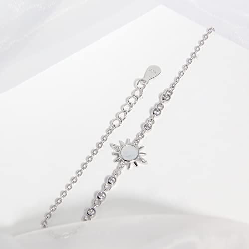 Sun Sky Bracelet For Women Dainty Sun Charm Mother Of Pearl Sterling Silver Cubic Zirconia Women Jewelry Gift (Silver) #TOP3