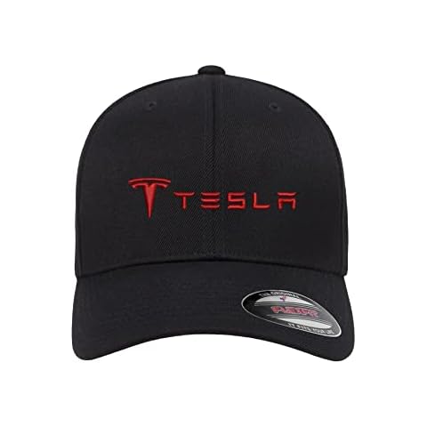 Tesla Motors Model 3 Model S Car Flexfit Embroidered Hat Baseball Cap (Curved Brim, Large/XLarge, Black Hat Red Thread) Cover