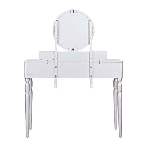 Image of JIVOIT Vanity Desk with Round Mirror, Height-Adjustable, Luxury Vanity Set with Stool, Comfortable Seating, Stylish Dressing Table Set with 4 Drawers & Spacious Tabletop (Silver /268)