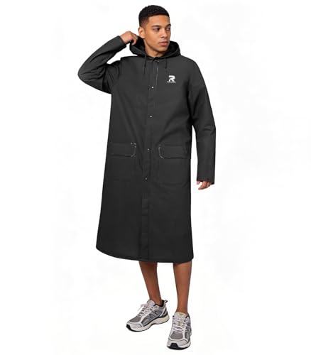 RainRider Long Raincoat for Adult Waterproof Lightweight Rain Jacket Reusable Rainwear(Black,L)