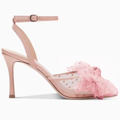 Image of Coutgo Womens Bow Tie Heels Sandals Slingback Peep Toe Wedding Heels Mesh High Stiletto Heel Summer Cute Wedding Bridal Shoes