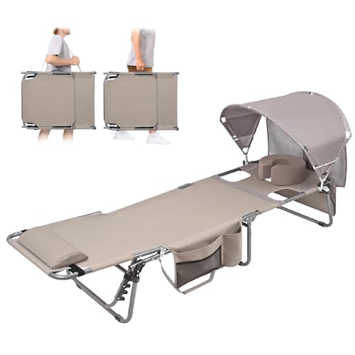 Tanning Chair with Sun Canopy Face Hole Softer Padded Adjustable Washable, Heavy Duty Layout Folding Lounge Chair for Adults Outside Beach Reading Sunbathing Poolside Lawn, UPF 50+ Sun Shade, 300 LBS
