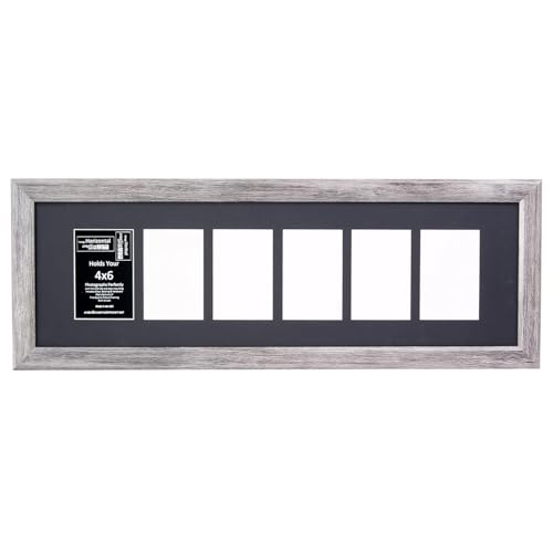 Creative Letter Art 4” x 6” Multiple Opening Picture Frame Collage with 6 holes, Hamptons Driftwood Grey Frame with 10 x 32-inch Black Mat, Full-Strength Glass, Photo Collage for Wall, 6 Openings