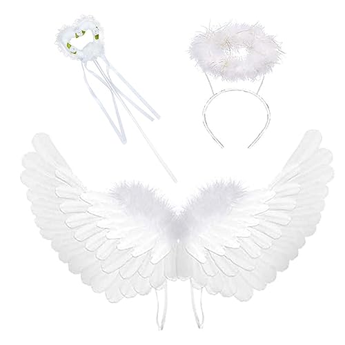 Devil Costume Women,Black Angel Wings White Angel Wings Costume Red Angel Wings Red Devil Horns and Fork Devil Set,Dark Angel Halloween Fancy Dress Costume Party for Kids Adults (White)