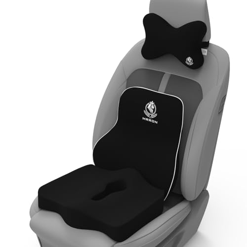 Image of MRRON Memory Foam Car Seat Cushion Combo - Backrest, Coccyx Cushion & Neckrest - Orthopedic Support for Back, Sciatica & Neck Pain - Ergonomic Comfort for Car, Office. (Black, Long Back)