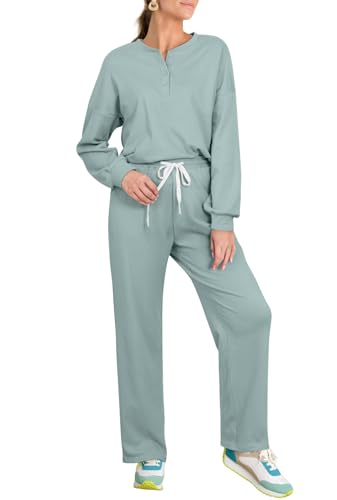 AGSEEM Lounge Sets for Women Fall Fashion Trendy Crew Neck 2 Piece Outfits Button Down Light Blue S