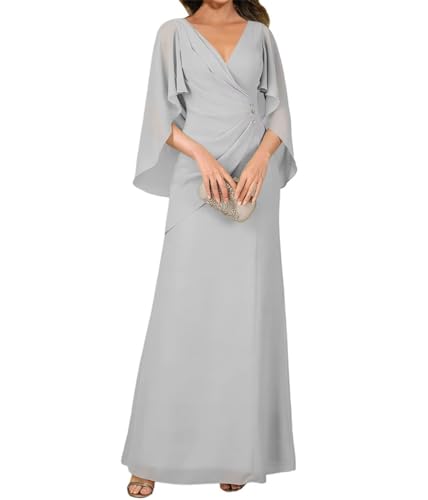 Robe de soirée longue plissée col V et manches cape chic pour cérémonie
