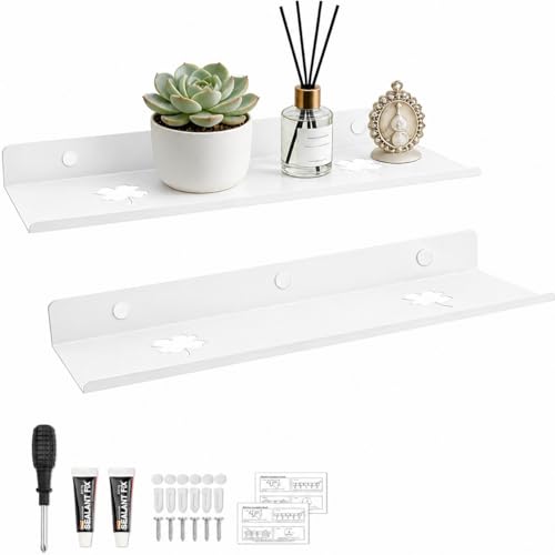 NewZC 2 estantes flotantes de metal blanco de 40 cm para montar en la pared, sin taladrar, rectangular, estante de pared largo y estrecho para baño, dormitorio, cocina, sala de estar, 2 métodos de
