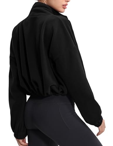 THE GYM PEOPLE Women's Fleece Cropped Jacket Full Zip Stand Collar Workout Short Sherpa Coats with Pockets Drawstring Hem2