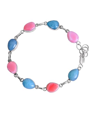 Bracelet, 925 silver bangle with natural larimar drops and pink-fuchsia conch shell, 8 inches in length. Premium handmade bracelet.