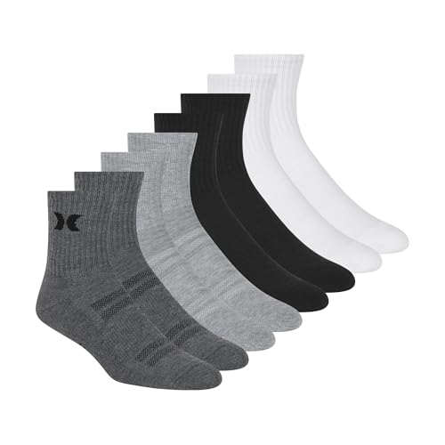 Hurley Men's 8-Pack High Quarter Crew Socks, Grey/Black/White, 10-13