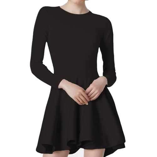 Generisch Vestido básico de jersey de manga larga para mujer, con detalle plisado, dobladillo acampanado, material de punto suave para un look informal moderno, Negro , L