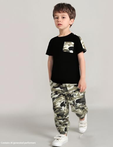 Image of mksodopy Boys Clothes Outfits Set, Camo Cargo Pants and Short Sleeve Pocket Tee 2PC Summer Tracksuit for Kids 5-16Y
