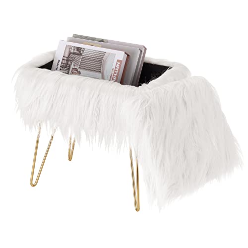 Awescuti Vanity Stool Faux Fur Ottoman Cute Rectangle Faux Fur Chair With Storage, Fuzzy Bench Fluffy Footrest, For Girls Up To 330 Lbs, For Makeup Room Bedroom, With Metal Legs, White #TOP7