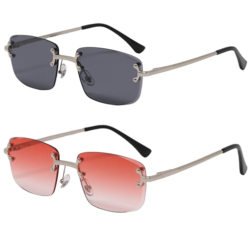 Image of Retro Rimless Rectangle Glasses Vintage Square Metal Wire Frame Trendy Hip Hop Frameless Style for Men and Women