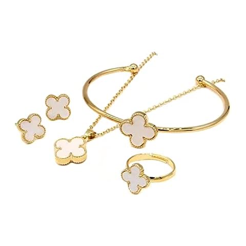 Four-Leaf Clover Jewelry Set, Titanium Steel Necklace Stud Earrings Bracelet Set Dainty Enamel Jewelry Set for Women Teen Girls(White) Cover