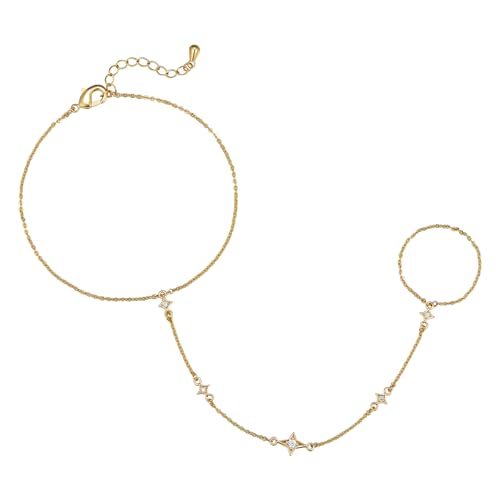 MINDDHA 14K Gold/White Gold Plated Hand Chains Bracelet for Women | Dainty Cubic Zirconia Bracelet and Ring Chain Body Jewelry | Star, Princess Cut Styles Adjustable Chain