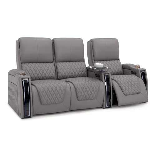Image of Seatcraft Apex Gray Italian Leather Home Theater Seating, Zero Gravity Power Recliner Chair, Powered Headrest and Lumbar Gaming and Lounge Sofa Furniture for Cinema Room, Row of 3 Left Loveseats
