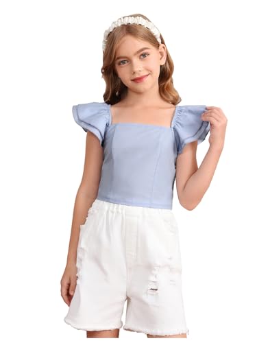 OYOANGLE Girl's Square Neck Ruffle Sleeve Crop Blouse Smocked Solid Slim Fit Tee Top
